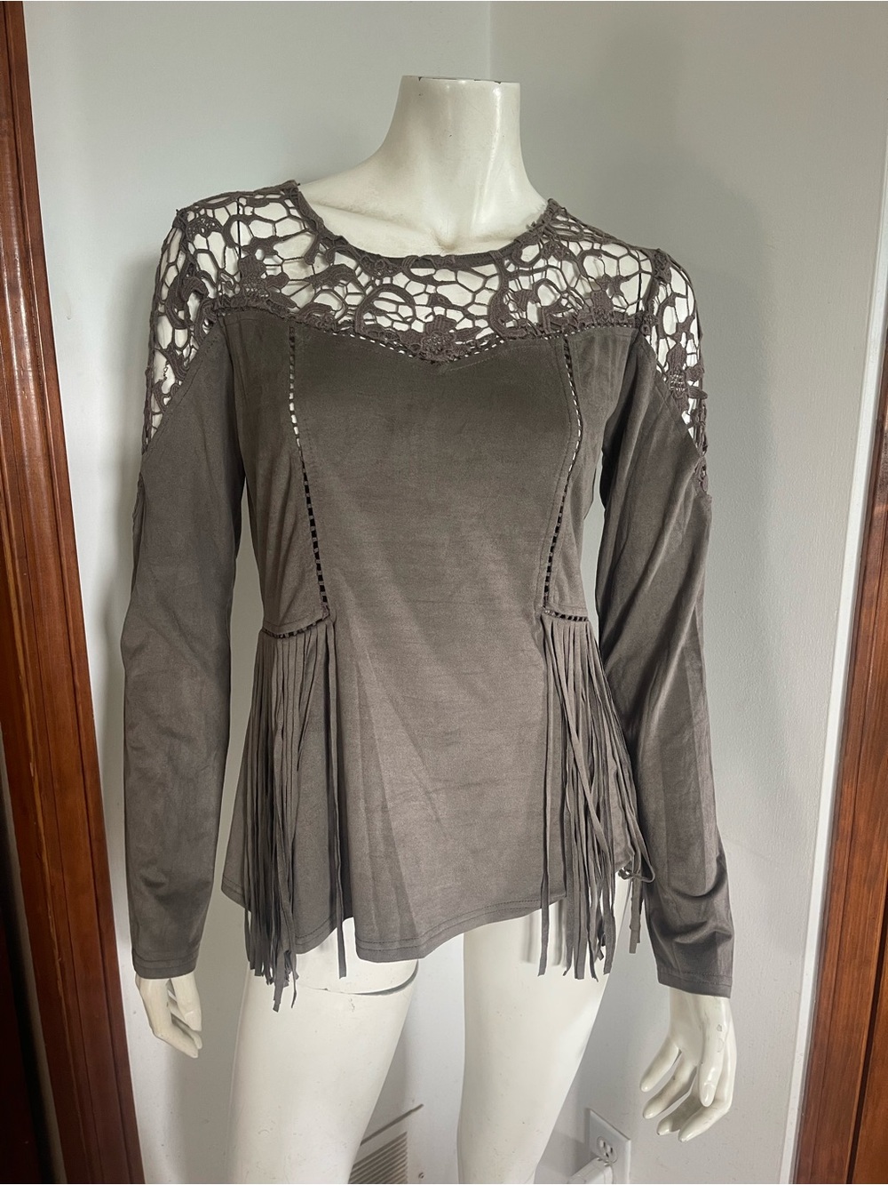 gimmicks by BKE Taupe Crochet-Yoke Fringe Long Sleeve Top
